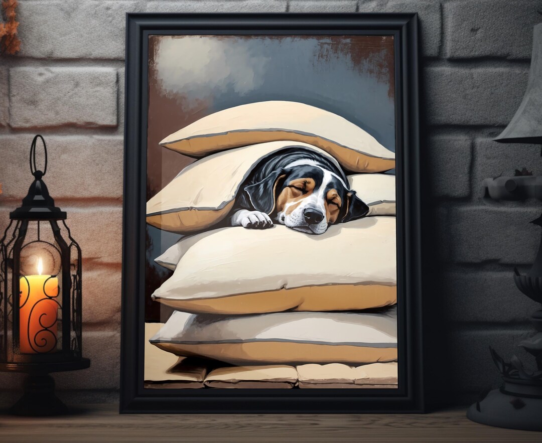 Dog and Pillows Illustration Art Print Cozy Canine Wall Art, Sleeping
