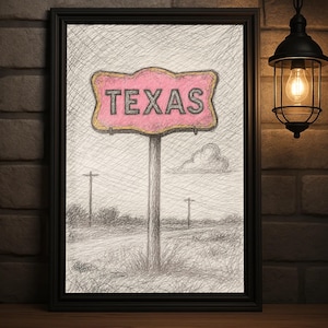 Texas Colorcut State Sign Art Print | Vintage Pink Sketch Artwork, Hand Drawn Retro Wall Art, Rustic Southern Decor Poster Print