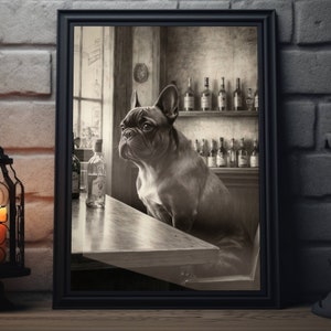 French Bulldog Bar Art Print | Dog Bar Cart Wall Art, Beer & Animal Sketch Artwork, Black and White Alcohol Decor, Dog Lover Poster