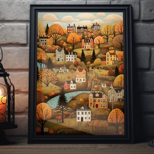 Vintage Thanksgiving Town Folk Art Poster, Fall Folk Art Print, Autumn Thanksgiving Wall Art,