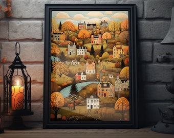 Vintage Thanksgiving Town Folk Art Poster, Fall Folk Art Print, Autumn Thanksgiving Wall Art,