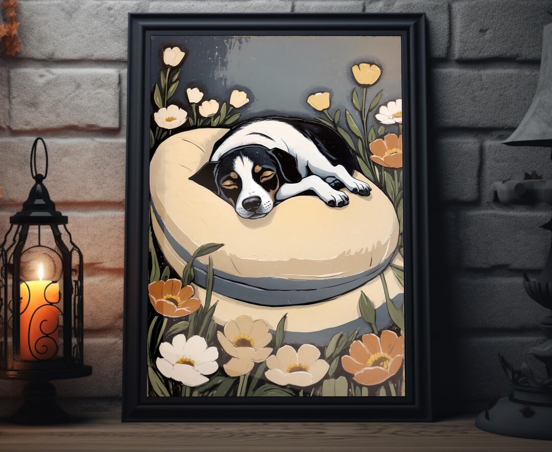 Vintage Dog and Floral Art Print Sleeping Puppy Wall Art, Cozy Flower