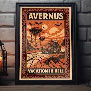 May include: Framed poster with an orange and black design. The poster features the word "AVERNUS" at the top and "VACATION IN HELL" at the bottom. The artwork depicts a post-apocalyptic scene with a spiked vehicle and floating islands.