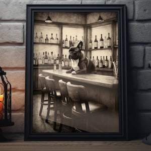 French Bulldog Bar Art Print | Dog Bar Cart Wall Art, Beer & Animal Sketch Artwork, Black and White Alcohol Decor, Dog Lover Poster