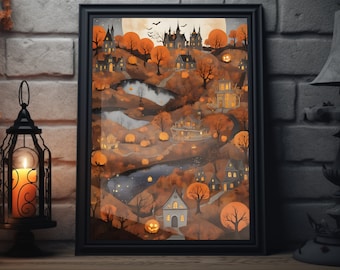 Scenic Halloween Folk Art Print | Vintage Halloween Pumpkin Wall Art, Halloween Town Artwork, Halloween Decor For Home, Halloween Poster