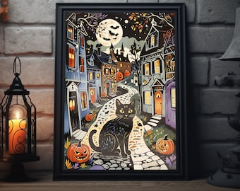 Vintage Halloween Black Cat Folk Art Print | Halloween Town Wall Art, Halloween Pumpkin Artwork, Halloween Decor For Home, Halloween Poster