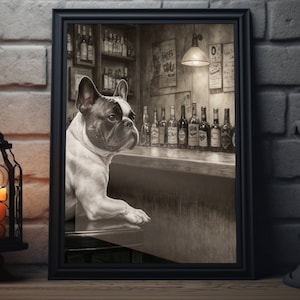 French Bulldog Bar Art Print | Dog Bar Cart Wall Art, Beer & Animal Sketch Artwork, Black and White Alcohol Decor, Dog Lover Poster