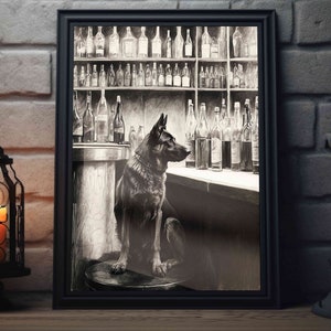 May include: Black and white drawing of a German Shepherd dog sitting in front of a liquor shelf. The dog is in sharp focus, while the background is slightly blurred. The image is framed in a black frame. The dog is positioned slightly off-center, and the overall tone of the image is dark and moody. The artwork is a realistic depiction of a dog in a bar setting. The image is suitable for use as a print or poster.