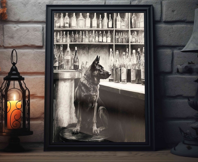 Black German Shepherd Bar Art Print: A charming addition to any dog lover's home bar. Black and white sketch artwork perfect for beer enthusiasts.