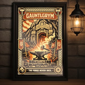 May include: Framed poster featuring the text "GAUNTLGRYM" above a stylized forge scene. The artwork uses a palette of red, gold, and black, with a hammer striking an anvil amidst flames. The phrase "THE FORGE NEVER DIES." is at the bottom.