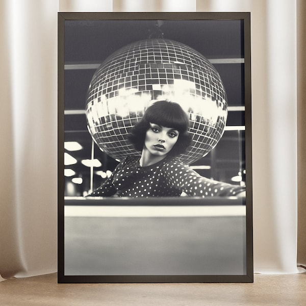 Disco Ball Pool Table Poster - 70s Art Print, Billiards Wall Decor, Retro Artwork, Black and White Design, Gift for Game Room