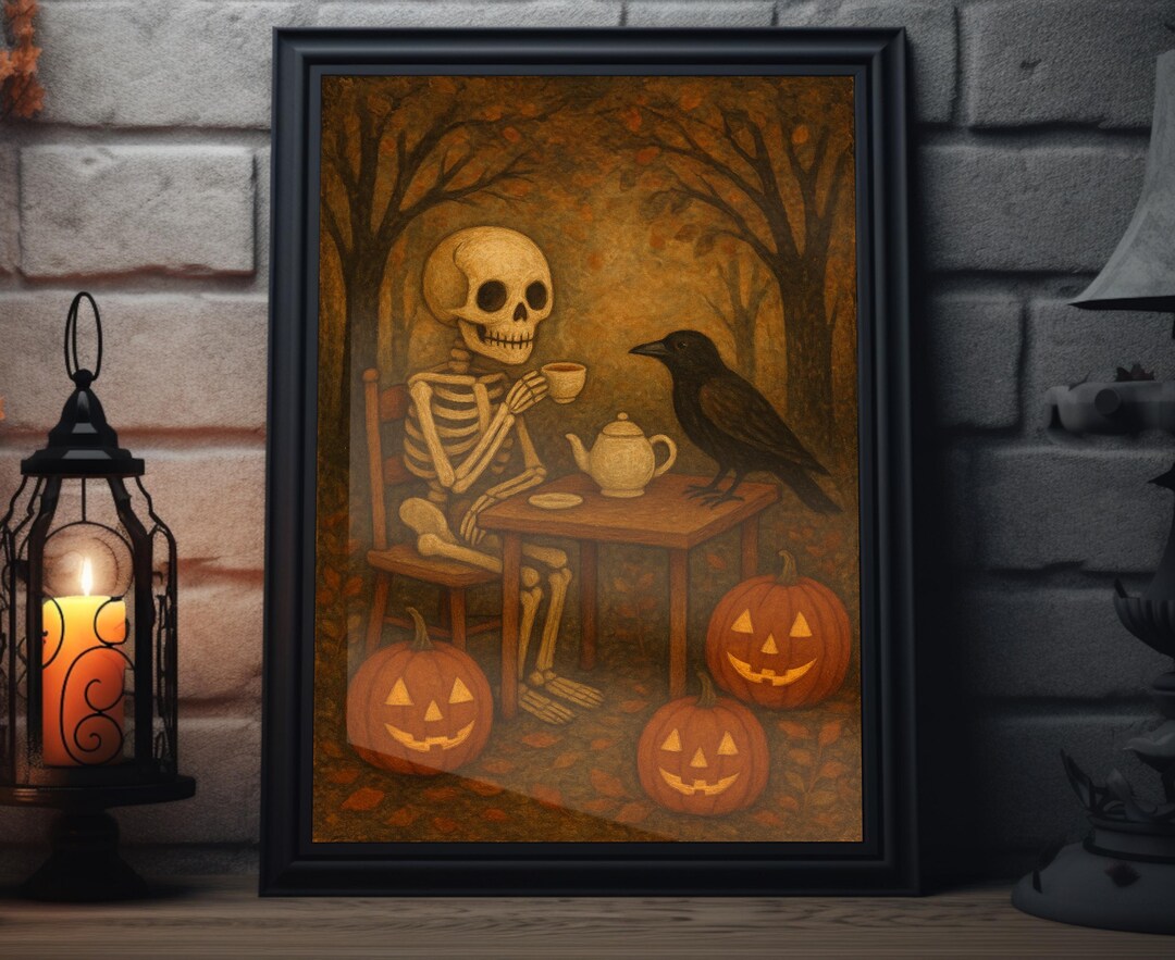 Skeleton Making Tea Cute Skeleton Tea With Crow Vintage Folk Painting Art Print | Halloween ...
