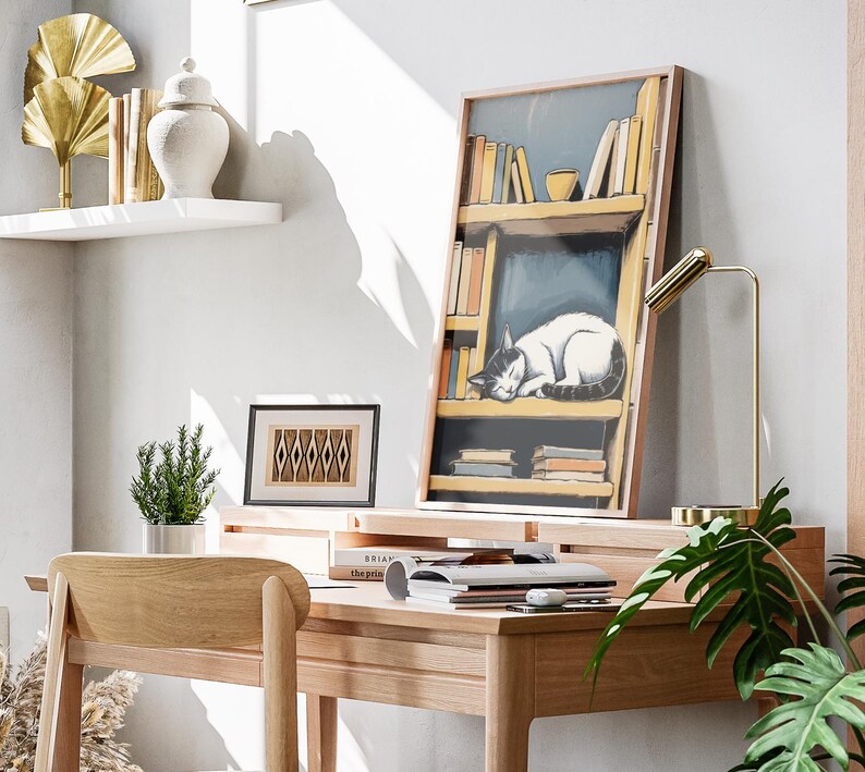 Vintage Cat and Bookshelf Art Print Cozy Sleeping Cat Wall Art, Book