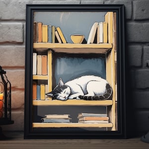 Vintage Cat and Bookshelf Art Print | Cozy Sleeping Cat Wall Art, Book Lover Decor, Cat Illustration for Home, Animal Poster Print