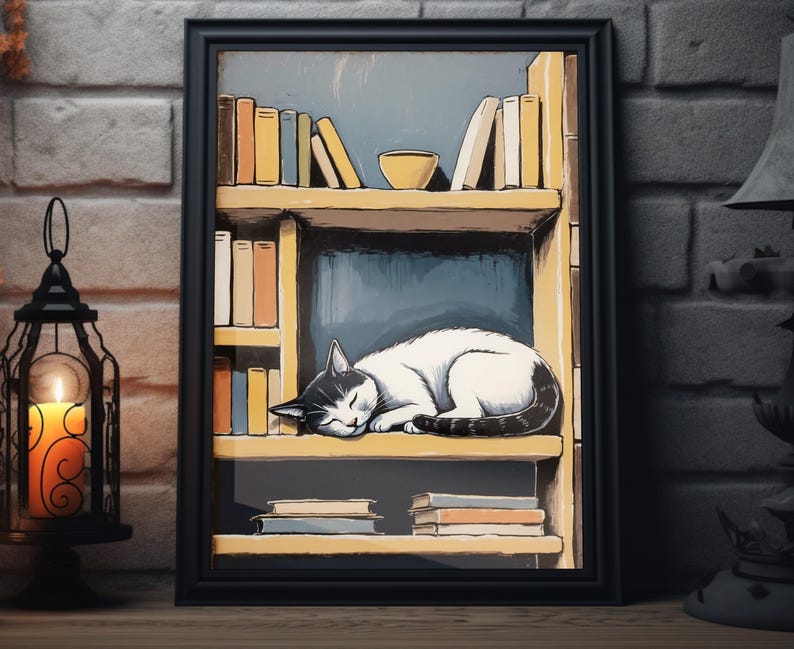 Vintage Cat and Bookshelf Art Print Cozy Sleeping Cat Wall Art, Book