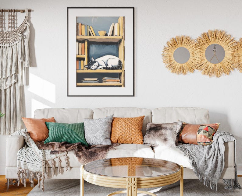 Vintage Cat and Bookshelf Art Print Cozy Sleeping Cat Wall Art, Book