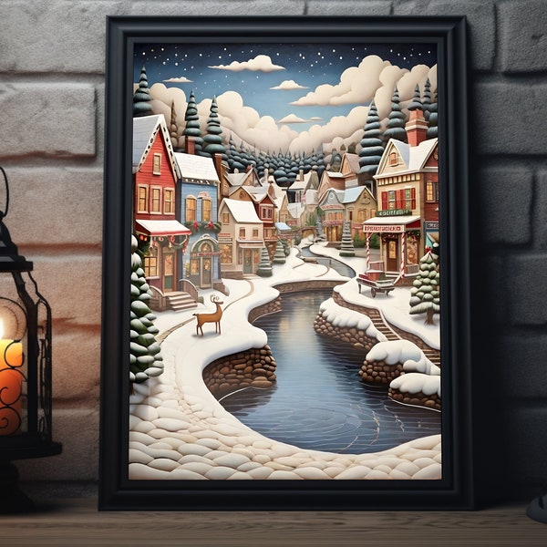 Christmas Town Folk Art Matte Poster | Winter Painting Art Print, Xmas Holiday Decor, Christmas Winter Wall Art, Snowy Holiday Artwork,