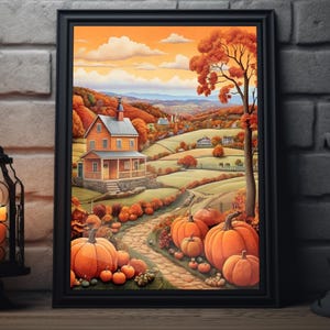 Impresión de arte popular del campo otoñal / Arte mural de calabaza de Acción de Gracias, obra de arte de pintura de otoño, decoración de Acción de Gracias para el hogar, impresión de póster de otoño