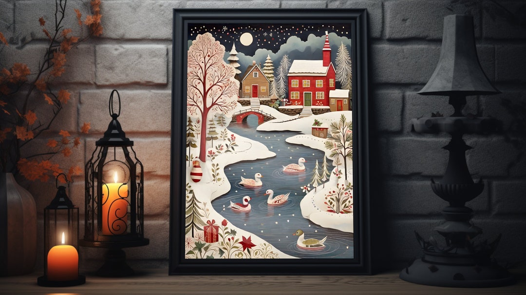 Christmas Folk Art Matte Poster Winter Painting Folk Art Print, Xmas