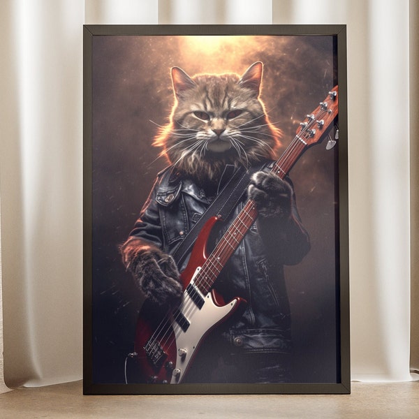 Unique Wall Art: Realistic Cat Playing Guitar in a Music-Themed Poster, Perfect for Bedroom or Living Room