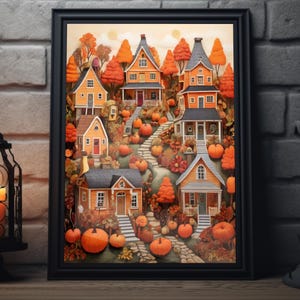Impresión de arte popular de Autumn Town / Arte mural con calabaza de Acción de Gracias, pintura otoñal escénica, decoración del hogar de Acción de Gracias, póster de otoño