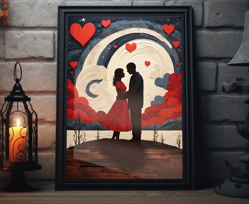 Valentine's Day Folk Art Matte Poster Couple Heart Painting Art Print
