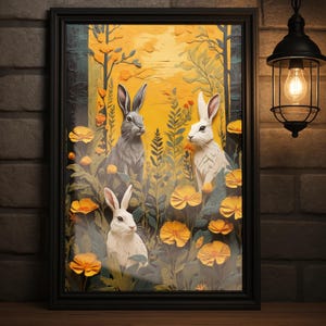 Three Rabbits in Wildflowers Summer Folk Art Print | Yellow Botanical Forest Poster, Whimsical Rabbit Artwork, Cottagecore Wall Art Decor