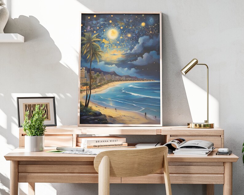 Hawaii Starry Night Matte Wall Art Hawaiian Beach Artwork, Coastal