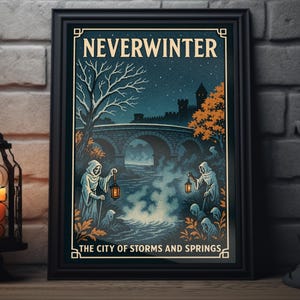 May include: Framed vintage-style poster with the word "NEVERWINTER" at the top. The artwork depicts a bridge over a river, figures in cloaks holding lanterns, and the text "THE CITY OF STORMS AND SPRINGS". The color palette includes blues, oranges, and whites.