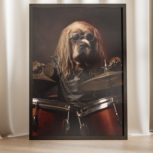 Playing Drums Dog Poster - Music-themed Art, Rock Band Decor, Animal Lover Gift, Musician Print, Pet Owner Wall Decor