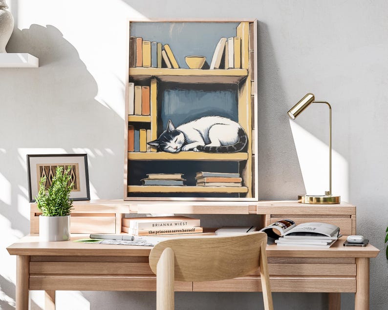 Vintage Cat and Bookshelf Art Print Cozy Sleeping Cat Wall Art, Book