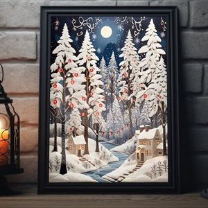 Christmas Forest Folk Art Matte Poster | Winter Painting Art Print, Xmas Holiday Decor, Christmas Winter Wall Art, Snowy Holiday Artwork,