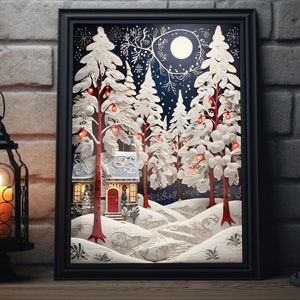 Christmas Forest Folk Art Matte Poster | Winter Painting Art Print, Xmas Holiday Decor, Christmas Winter Wall Art, Snowy Holiday Artwork,