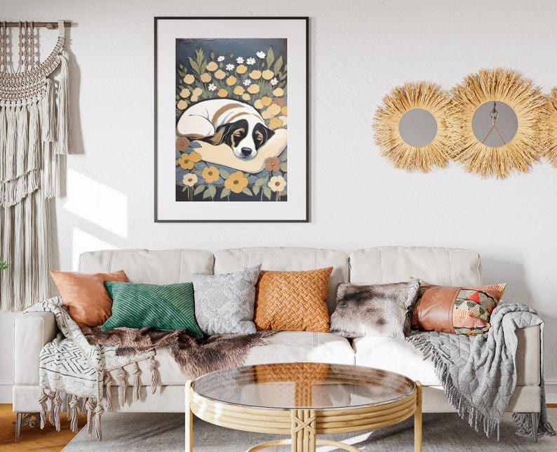 Dog Floral Painting Art Print Cozy Canine Wall Art, Sleeping Dog With