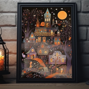 Vintage Halloween Town At Night Folk Art Poster