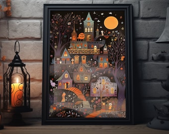 Vintage Halloween Town At Night Folk Art Poster