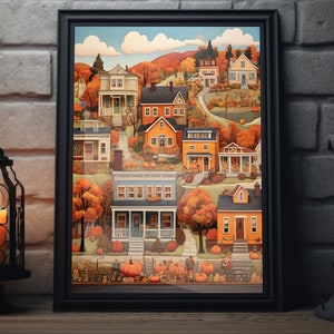 Impresión de arte popular de Fall Town / Arte de pared de calabaza de Acción de Gracias, Obra de arte de pintura de otoño, Decoración de Acción de Gracias para el hogar, Impresión de póster de otoño