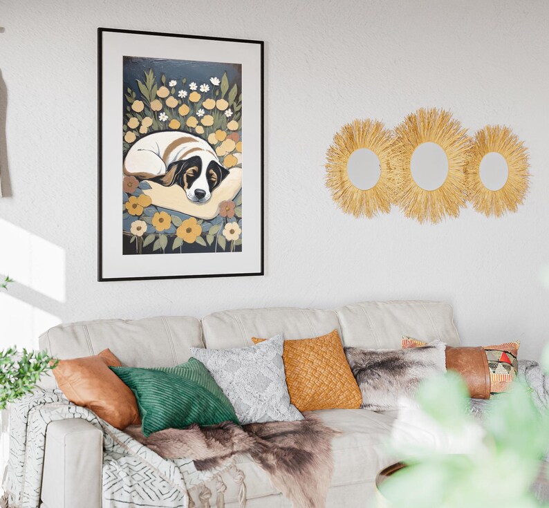 Dog Floral Painting Art Print Cozy Canine Wall Art, Sleeping Dog With