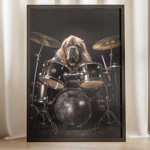 Heavy Metal Dog Playing Drums Poster - Rock Band Art, Music Lover Decor, Animal Wall Art, Pet Owner Gift, Musician Print