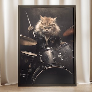 Ritmos animales modernos: póster de gato realista tocando la batería en arte abstracto, ideal como regalo para músicos