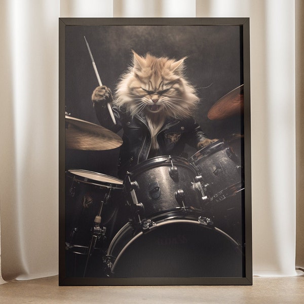 Modern Animal Rhythms: Realistic Cat Playing Drums in Abstract Art Poster, Ideal for Musician Gifts