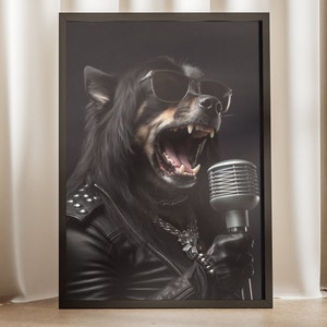 May include: A black and white dog wearing sunglasses and a black leather jacket is singing into a silver microphone. The dog is in a black frame.