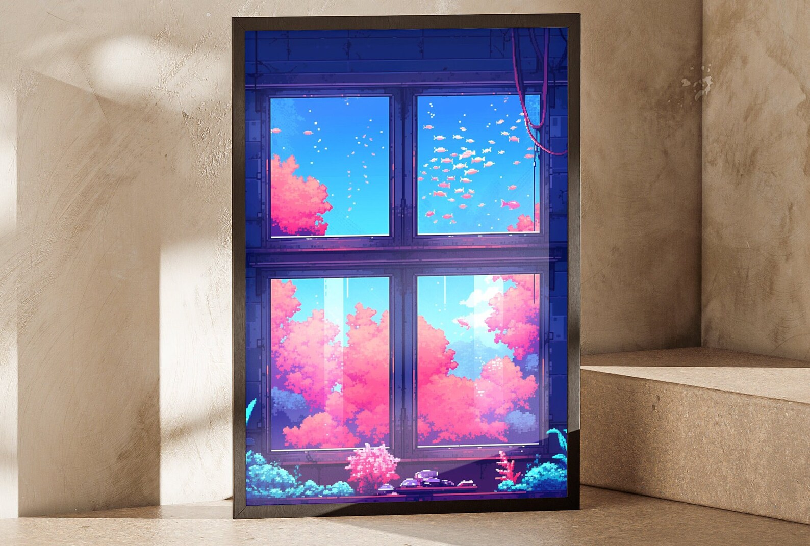Retro 8bit Window Poster Underwater Wall Art, Aquatic Art Print, Nerdy ...