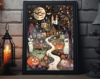 Vintage Halloween Town Folk Art Print | Halloween Ghost Wall Art, Halloween Pumpkin Artwork, Halloween Decor For Home, Halloween Poster