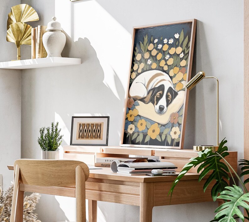 Dog Floral Painting Art Print Cozy Canine Wall Art, Sleeping Dog With