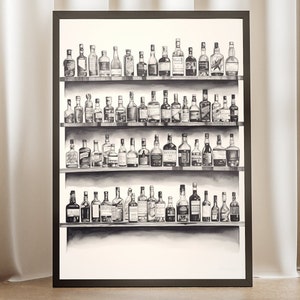 Bar Scene Inked Sketch Poster - Bar Cart Art, Beer Artwork, Alcohol Wall Decor, Black and White Home Decor, Ink Drawing, Unique Gift