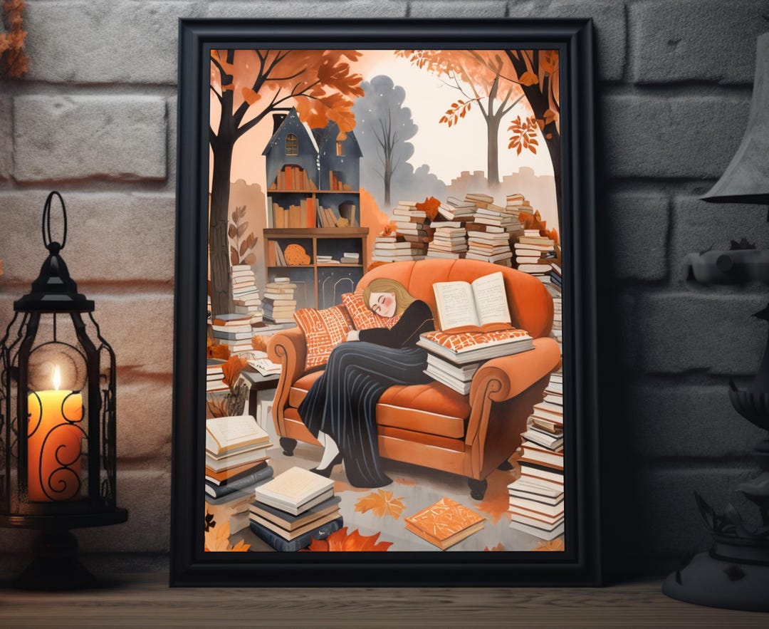 Fall Bookworm Sleeping Abstract Folk Art Print | Woman Reading Wall Art ...