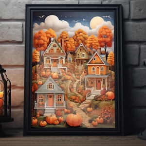 Impresión de arte popular de Fall Town / Arte de pared de Acción de Gracias, Obra de arte de pintura de otoño, Decoración de Acción de Gracias para el hogar, Impresión de póster de otoño
