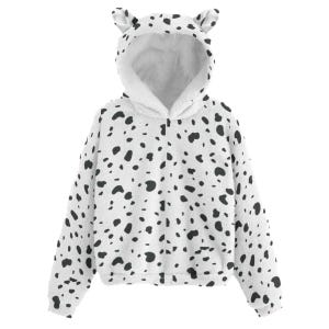 May include: White hooded sweatshirt with black spots, resembling a Dalmatian. The hoodie features a soft, plush texture, a kangaroo pocket, and small, pointed ears on the hood. A cozy and playful garment.