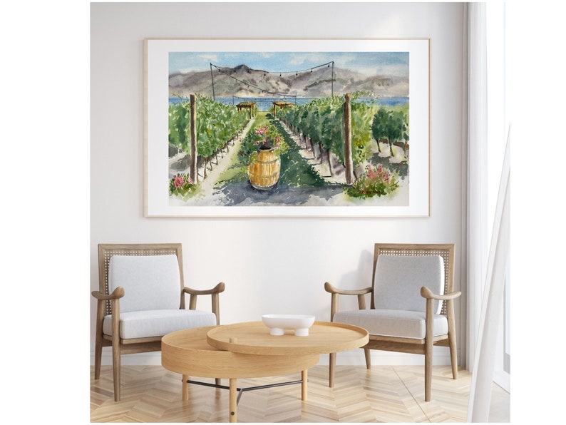 Rolled Posters Watercolor Vineyard Landscape With Lake View Kelowna BC